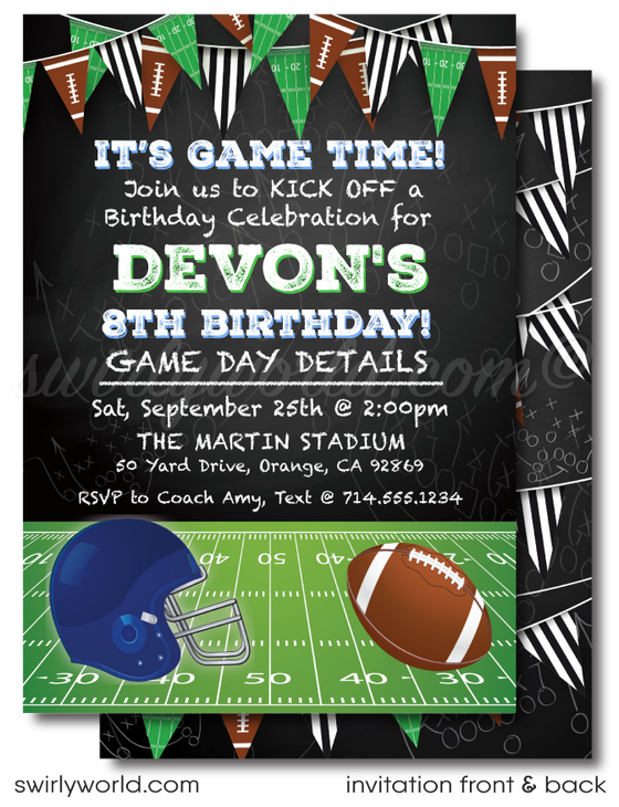 Kick off your football-themed celebration with our printed Football Party Invitations, Thank You Cards, and Envelopes! Featuring festive sports flags, a detailed helmet, and a classic football against a chalkboard background, this set captures the excitement of game day. Personalize with team helmets and colors for a unique touch. Expertly printed on high-quality card stock, this set ensures your party gets off to a winning start! Perfect for birthdays and football gatherings.