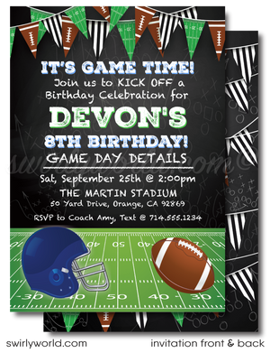 Kick off your football-themed celebration with our printed Football Party Invitations, Thank You Cards, and Envelopes! Featuring festive sports flags, a detailed helmet, and a classic football against a chalkboard background, this set captures the excitement of game day. Personalize with team helmets and colors for a unique touch. Expertly printed on high-quality card stock, this set ensures your party gets off to a winning start! Perfect for birthdays and football gatherings.