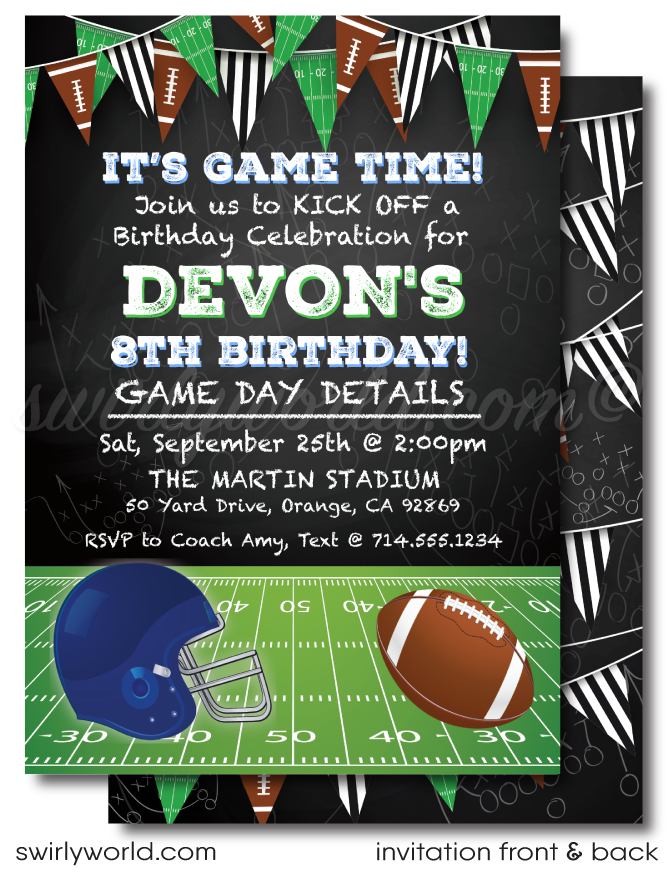 Kick off your football-themed party with a winning touch using our Football Party Invitation Digital Design. This design sets the perfect pre-game atmosphere for your celebration, featuring festive sports flags, a detailed helmet, and a classic football, all artistically set against a chalkboard background that mimics a green football field. It’s like bringing the thrill of the game right into your invitations.