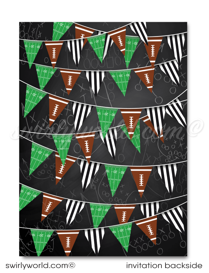 Kick off your football-themed celebration with our printed Football Party Invitations, Thank You Cards, and Envelopes! Featuring festive sports flags, a detailed helmet, and a classic football against a chalkboard background, this set captures the excitement of game day. Personalize with team helmets and colors for a unique touch. Expertly printed on high-quality card stock, this set ensures your party gets off to a winning start! Perfect for birthdays and football gatherings.