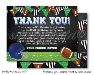Kick off your football-themed celebration with our printed Football Party Invitations, Thank You Cards, and Envelopes! Featuring festive sports flags, a detailed helmet, and a classic football against a chalkboard background, this set captures the excitement of game day. Personalize with team helmets and colors for a unique touch. Expertly printed on high-quality card stock, this set ensures your party gets off to a winning start! Perfect for birthdays and football gatherings.