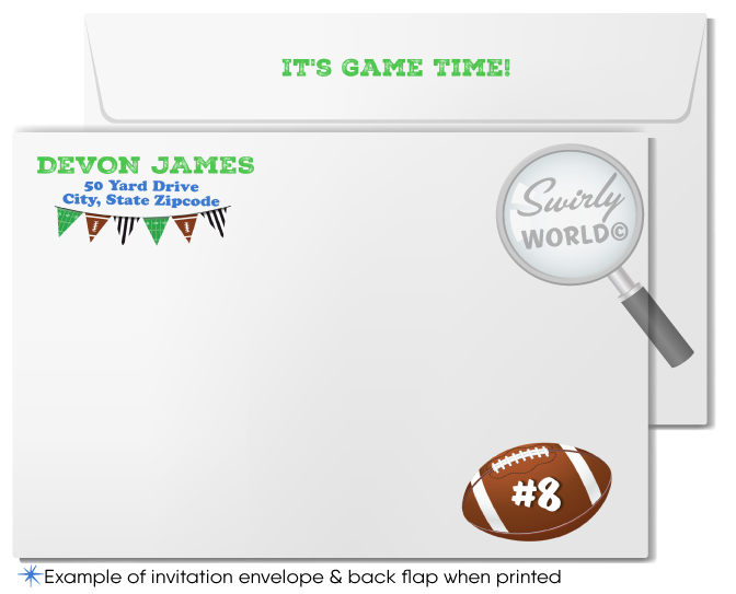 Kick off your football-themed celebration with our printed Football Party Invitations, Thank You Cards, and Envelopes! Featuring festive sports flags, a detailed helmet, and a classic football against a chalkboard background, this set captures the excitement of game day. Personalize with team helmets and colors for a unique touch. Expertly printed on high-quality card stock, this set ensures your party gets off to a winning sKick Off MVP Football Team Sports Birthday Party Invitation Digital Design Download