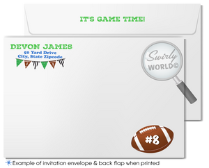 Kick off your football-themed celebration with our printed Football Party Invitations, Thank You Cards, and Envelopes! Featuring festive sports flags, a detailed helmet, and a classic football against a chalkboard background, this set captures the excitement of game day. Personalize with team helmets and colors for a unique touch. Expertly printed on high-quality card stock, this set ensures your party gets off to a winning sKick Off MVP Football Team Sports Birthday Party Invitation Digital Design Download