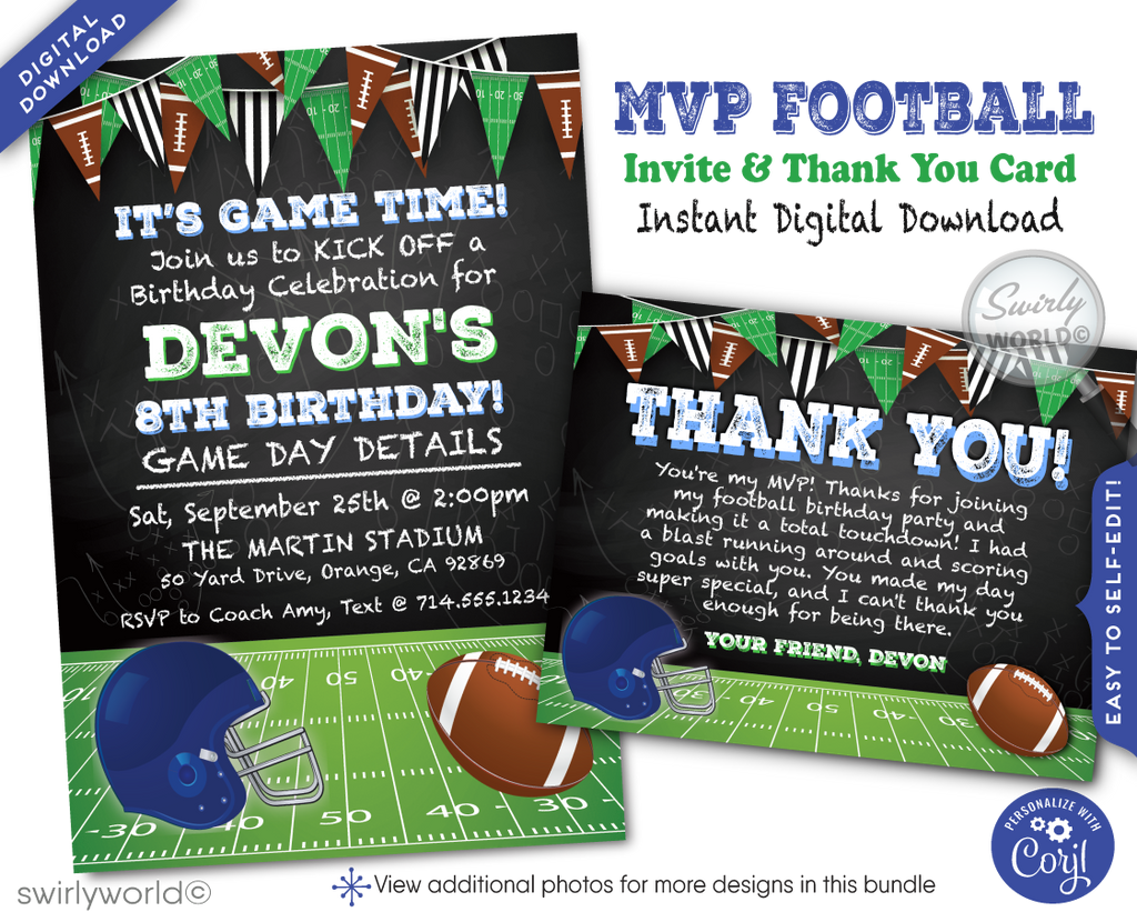 Kick Off MVP Football Team Sports Birthday Party Invitation Digital Design Download