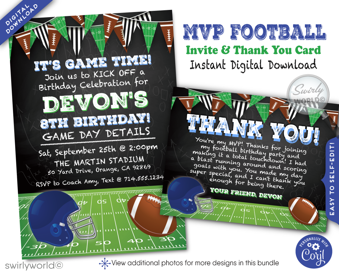 Kick off your football-themed party with a winning touch using our Football Party Invitation Digital Design. This design sets the perfect pre-game atmosphere for your celebration, featuring festive sports flags, a detailed helmet, and a classic football, all artistically set against a chalkboard background that mimics a green football field. It’s like bringing the thrill of the game right into your invitations.