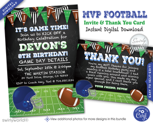 Kick off your football-themed party with a winning touch using our Football Party Invitation Digital Design. This design sets the perfect pre-game atmosphere for your celebration, featuring festive sports flags, a detailed helmet, and a classic football, all artistically set against a chalkboard background that mimics a green football field. It’s like bringing the thrill of the game right into your invitations.