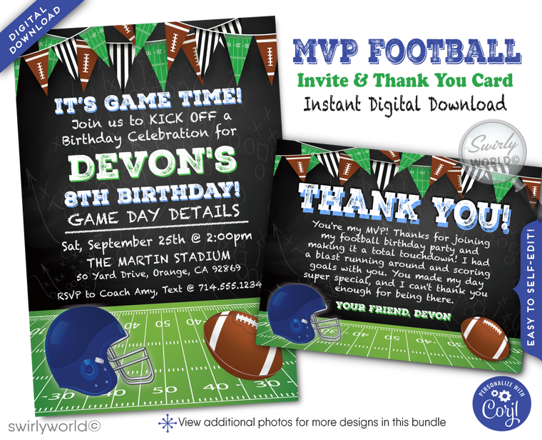 Kick Off MVP Football Team Sports Birthday Party Invitation Digital Design Download