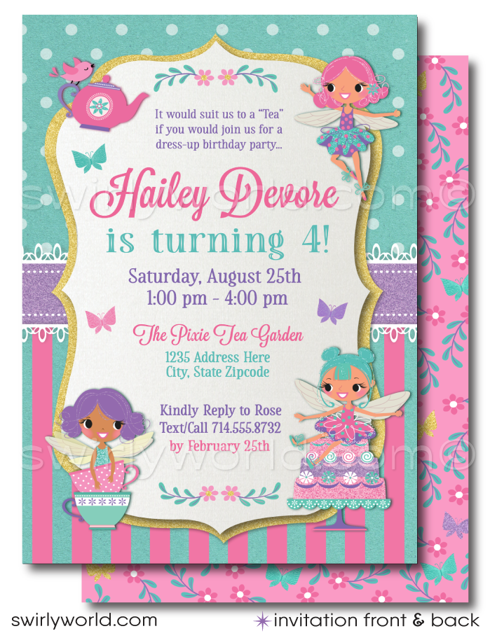 Immerse your guests in the enchanting world of a whimsical magic Pixie Fairy Garden Tea Party with our exclusively designed digital invitation and thank you card set. This charming collection captures the essence of a shabby chic themed tea party, perfect for a vintage style birthday celebration.
