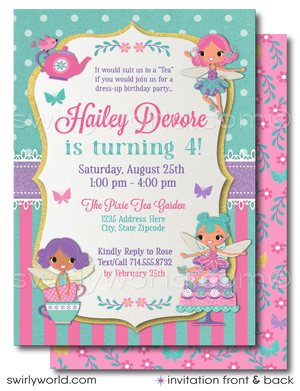 Immerse your guests in the enchanting world of a whimsical magic Pixie Fairy Garden Tea Party with our exclusively designed digital invitation and thank you card set. This charming collection captures the essence of a shabby chic themed tea party, perfect for a vintage style birthday celebration.