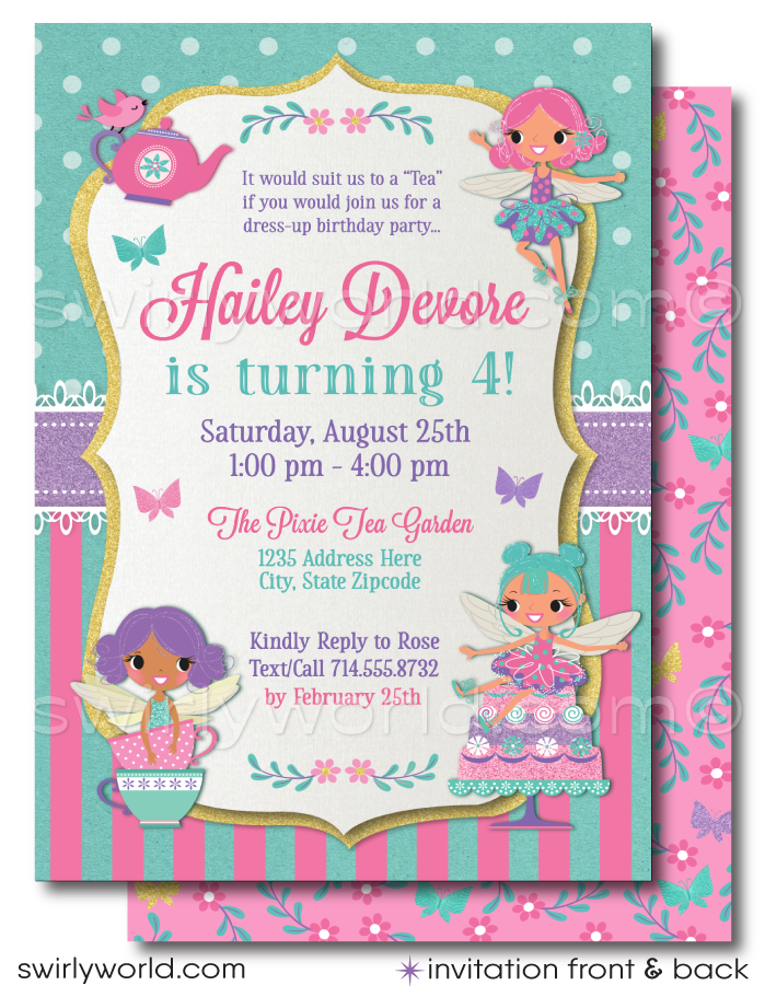 Fairies and Pixies Magical Dress Up Tea Party Birthday Printed Invitat - swirly-world-design Fairies and Pixies Magical Dress Up Tea Party Birthday Printed Invitat - swirly-world-design