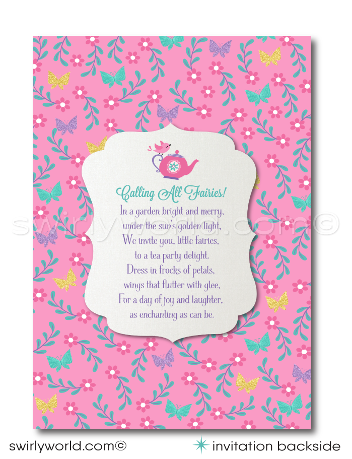 Fairies and Pixies Magical Tea Party Birthday Party Invitation and Thank You Digital Download