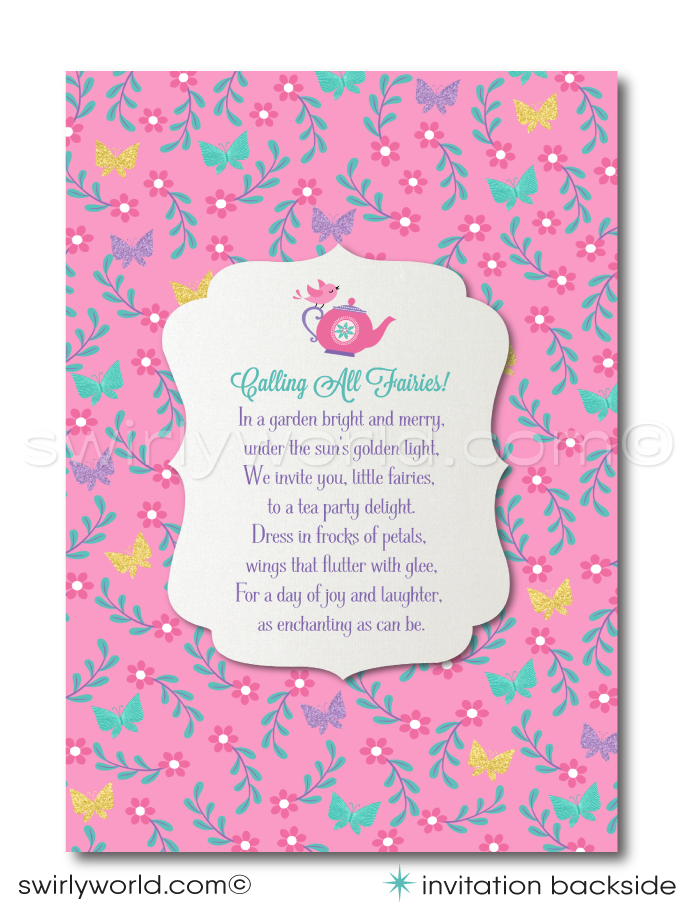 Immerse your guests in the enchanting world of a whimsical magic Pixie Fairy Garden Tea Party with our exclusively designed digital invitation and thank you card set. This charming collection captures the essence of a shabby chic themed tea party, perfect for a vintage style birthday celebration.