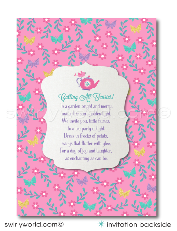 Immerse your guests in the enchanting world of a whimsical magic Pixie Fairy Garden Tea Party with our exclusively designed digital invitation and thank you card set. This charming collection captures the essence of a shabby chic themed tea party, perfect for a vintage style birthday celebration.