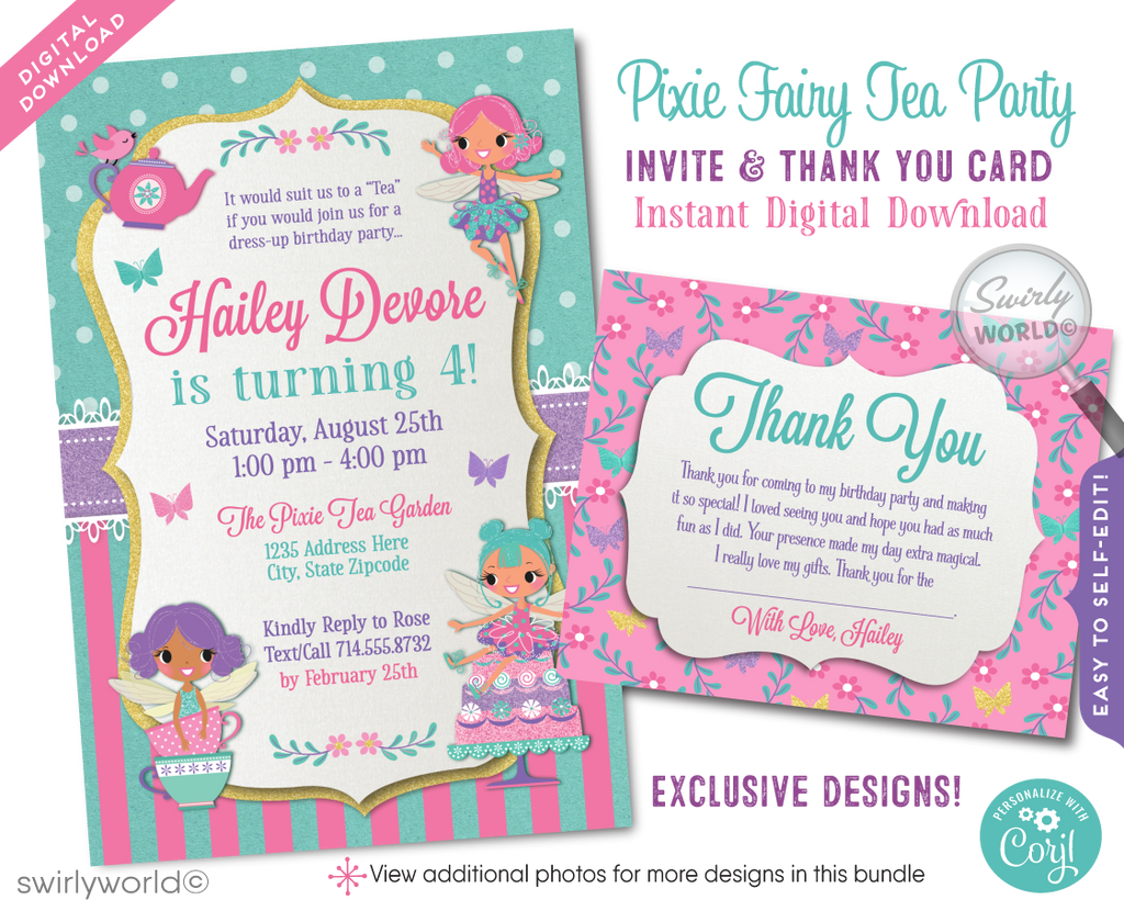 Immerse your guests in the enchanting world of a whimsical magic Pixie Fairy Garden Tea Party with our exclusively designed digital invitation and thank you card set. This charming collection captures the essence of a shabby chic themed tea party, perfect for a vintage style birthday celebration.