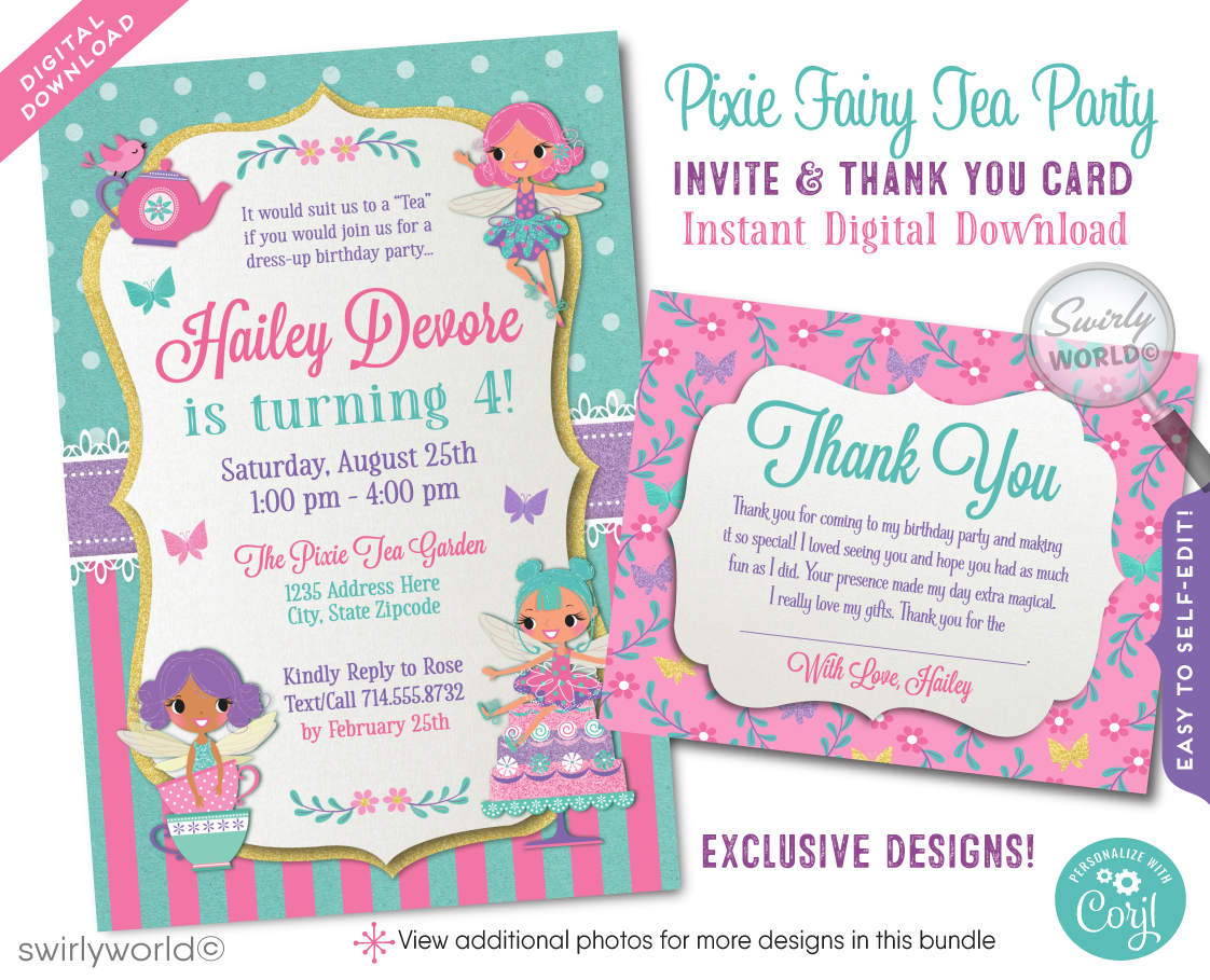Immerse your guests in the enchanting world of a whimsical magic Pixie Fairy Garden Tea Party with our exclusively designed digital invitation and thank you card set. This charming collection captures the essence of a shabby chic themed tea party, perfect for a vintage style birthday celebration.