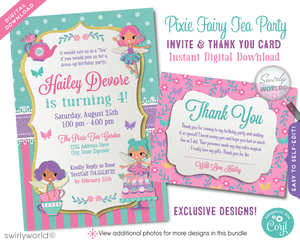 Immerse your guests in the enchanting world of a whimsical magic Pixie Fairy Garden Tea Party with our exclusively designed digital invitation and thank you card set. This charming collection captures the essence of a shabby chic themed tea party, perfect for a vintage style birthday celebration.