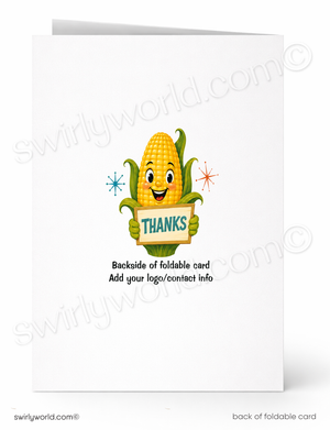 A folded greeting card shown front and back on a white background. The front features a smiling cartoon corn character holding a sign that says THANKS, with small decorative sparkles.