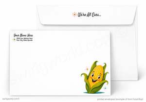 A printed stationery set showing the front and back of a white envelope. The front has placeholder text and a cartoon smiling corn graphic near the bottom right.