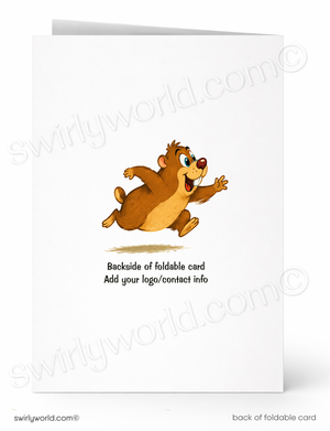A white foldable greeting card shown front and back. The front features a cartoon brown bear running with a surprised expression.