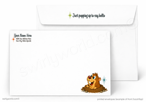 Custom printed white envelopes shown on a light gray background, with one envelope displaying a cartoon groundhog sitting in dirt and the other showing placeholder address text and a small decorative star.