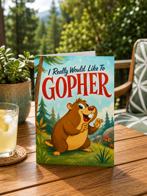 A children's book titled 'I Really Would Like To GOPHER' standing on a wooden table outdoors. The cover features a cartoon brown beaver in a green forest with red title text.