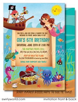 Mermaid and Pirate boy and girl "under the sea" swim aquarium ocean beach summer party invitations; digital invitation, thank yous, & envelope design.