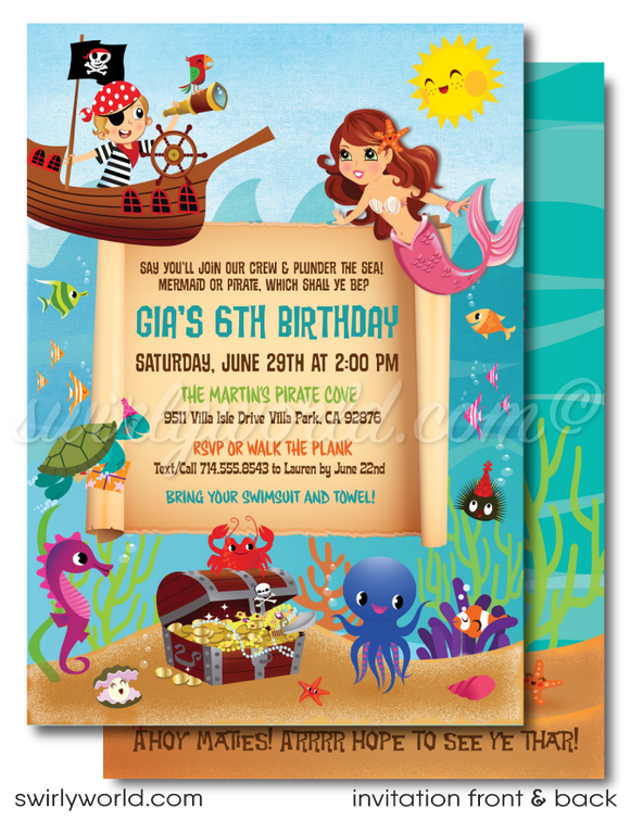 Mermaid and Pirate boy and girl"under the sea" swim aquarium ocean beach party invitations; digital invitation, thank you cards, & envelope design.