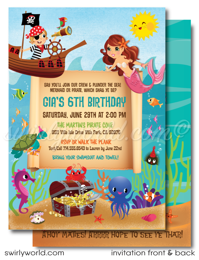 Mermaid and Pirate boy and girl "under the sea" swim aquarium ocean beach summer party invitations; digital invitation, thank yous, & envelope design.