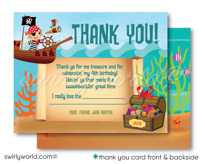 Mermaid and Pirate boy and girl "under the sea" swim aquarium ocean beach summer party invitations; digital invitation, thank yous, & envelope design.