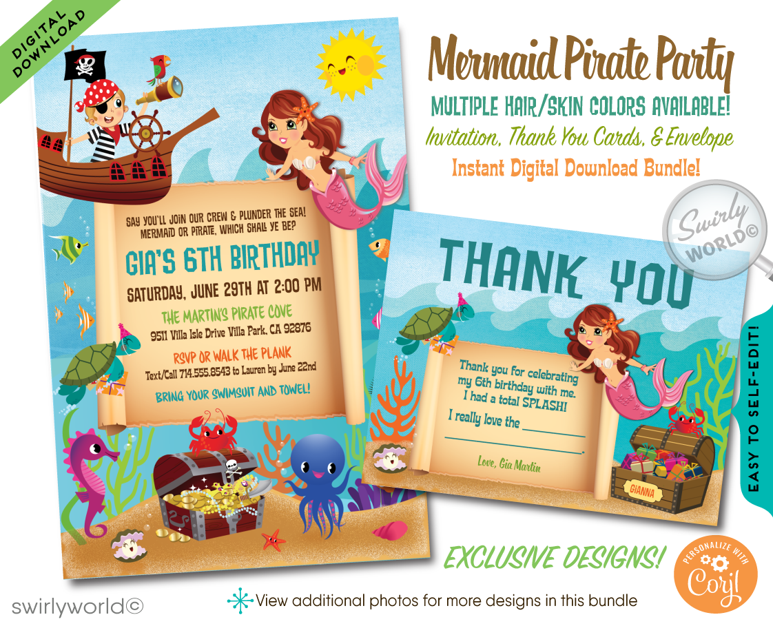 Unique "Under the Sea" Mermaid and Pirate Birthday Party Invitation Digital Download