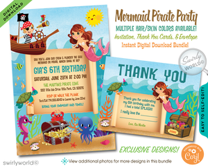 Unique "Under the Sea" Mermaid and Pirate Birthday Party Invitation Digital Download
