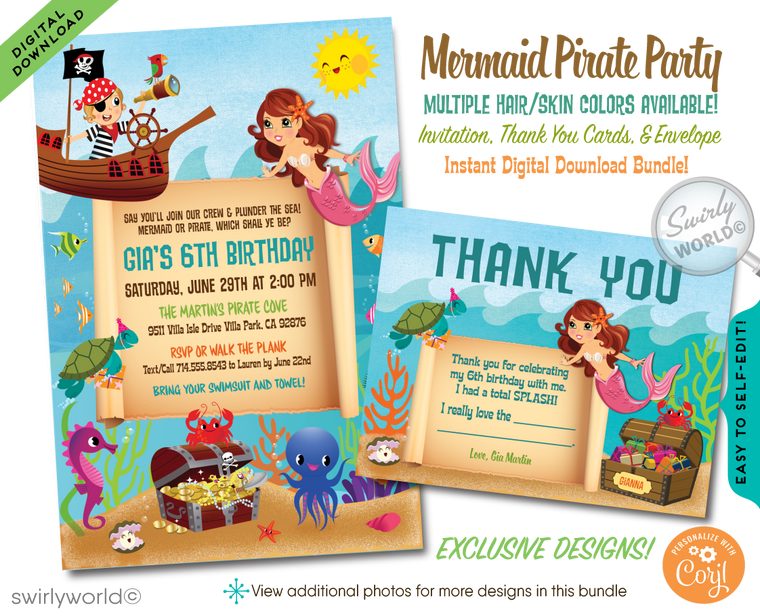 Mermaid and Pirate boy and girl"under the sea" swim aquarium ocean beach party invitations; digital invitation, thank you cards, & envelope design.