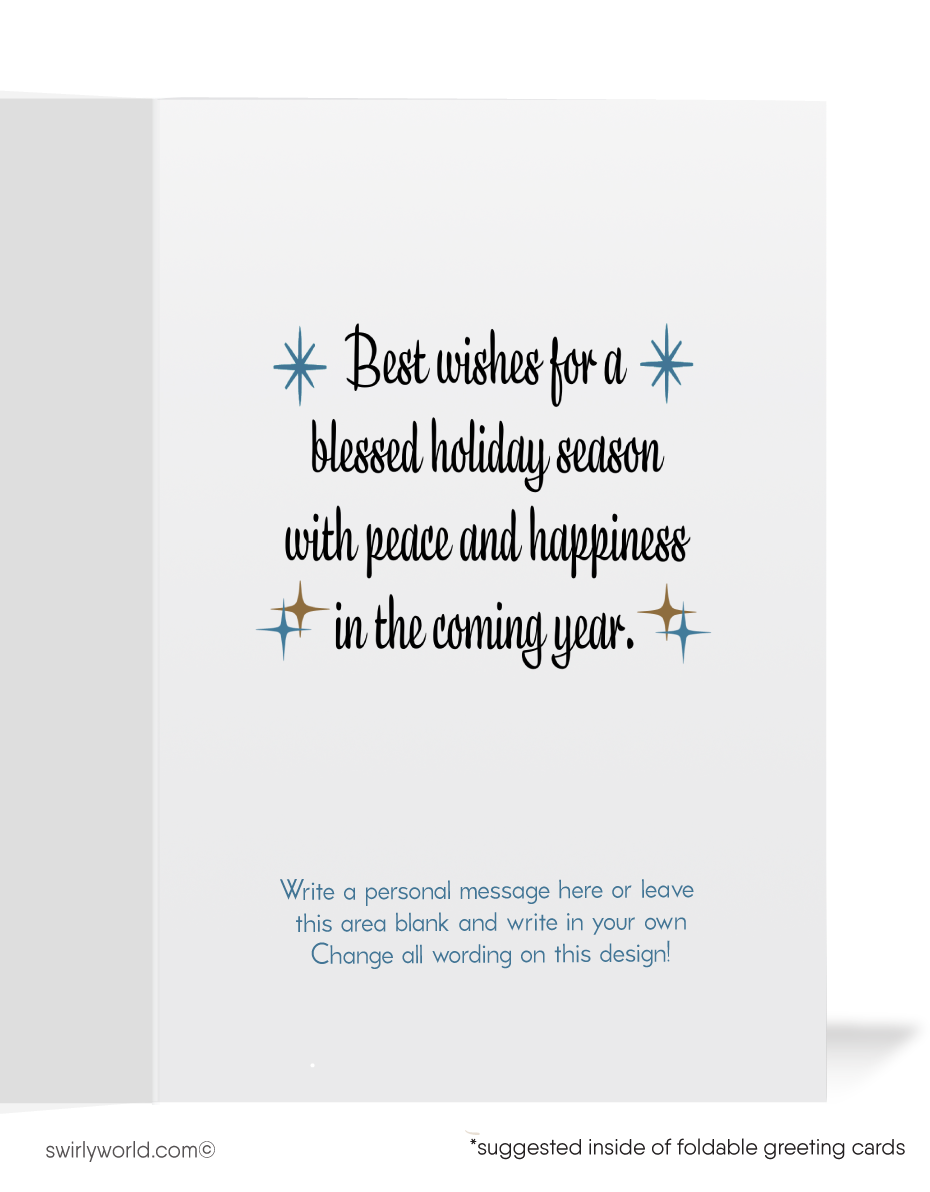 Vintage Christmas Card with Elegant Church, Atomic Starburst "North Star," and Serene Snowy Winter Scene