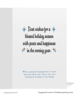 Vintage Christmas Card with Elegant Church, Atomic Starburst "North Star," and Serene Snowy Winter Scene