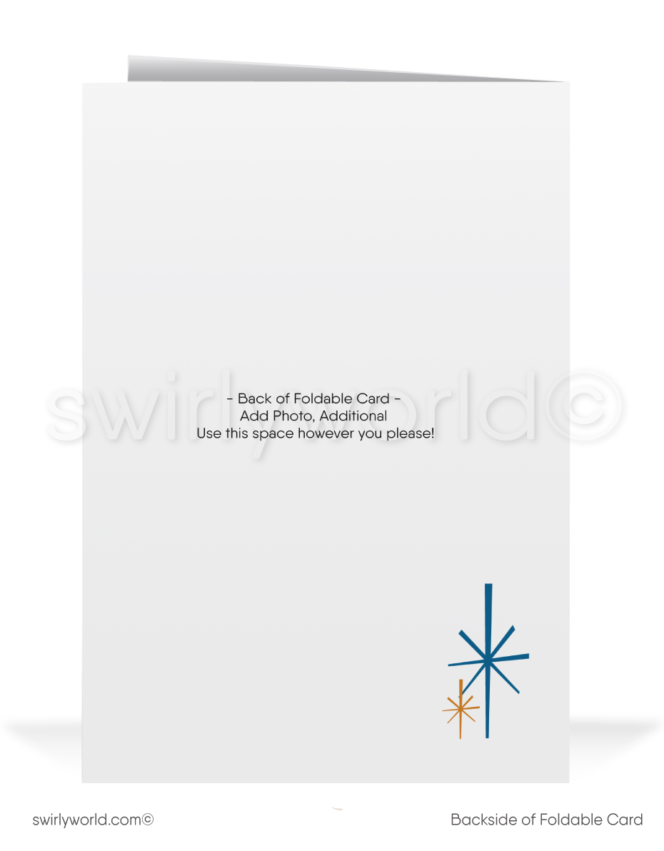 Vintage Christmas Card with Elegant Church, Atomic Starburst "North Star," and Serene Snowy Winter Scene