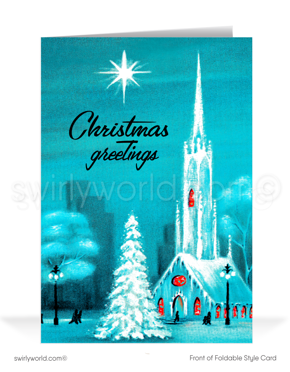 Celebrate Christmas with a vintage 1940s-50s card featuring a mid-century modern snowcapped church, stained glass, and a radiant retro "North Star" in a shimmering sky.