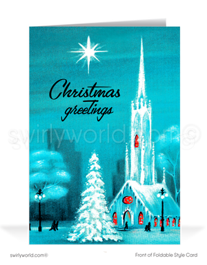 Celebrate Christmas with a vintage 1940s-50s card featuring a mid-century modern snowcapped church, stained glass, and a radiant retro "North Star" in a shimmering sky.