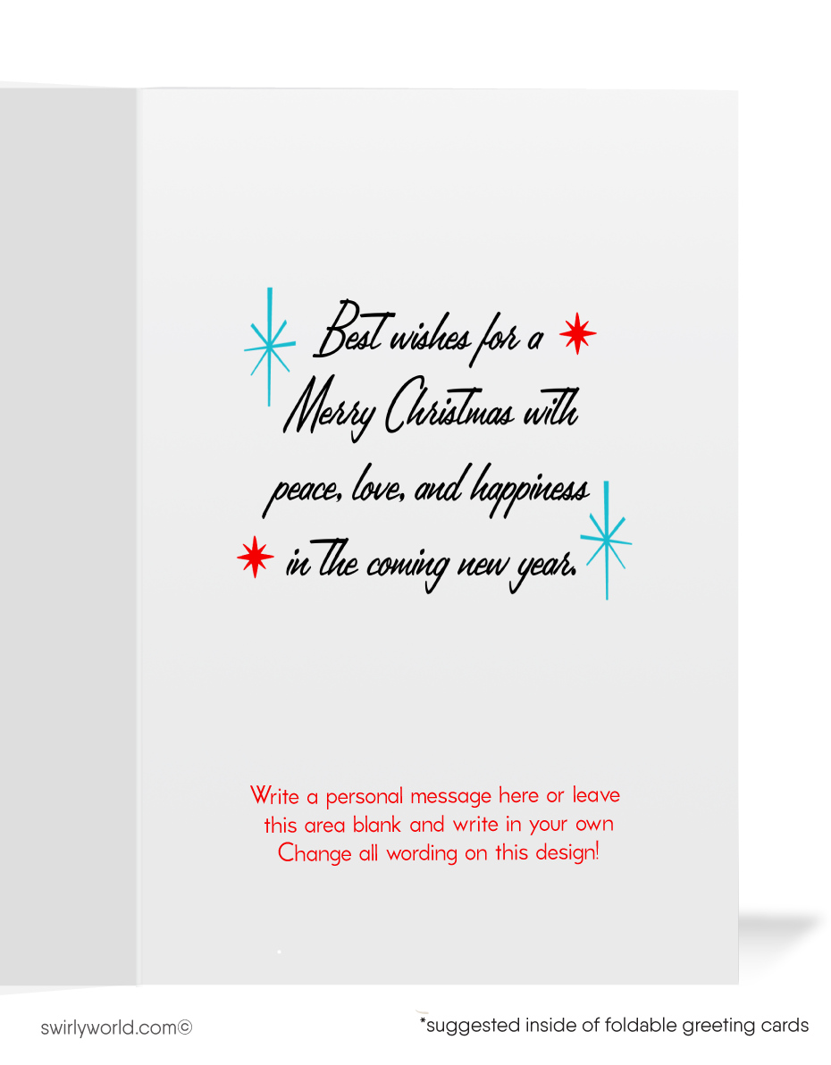 Celebrate Christmas with a vintage 1940s-50s card featuring a mid-century modern snowcapped church, stained glass, and a radiant retro "North Star" in a shimmering sky.