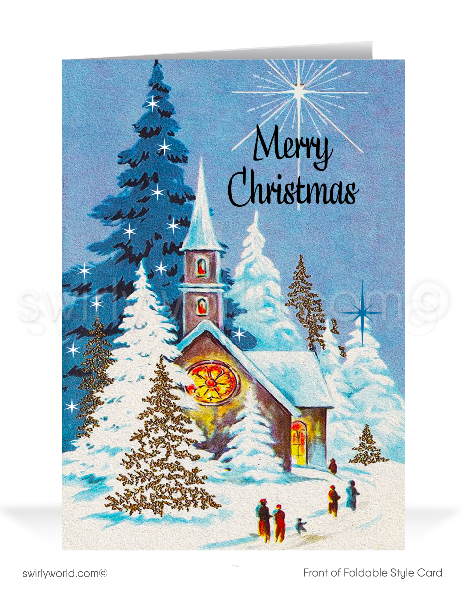 Vintage Christmas Card with Elegant Church, Atomic Starburst "North Star," and Serene Snowy Winter Scene