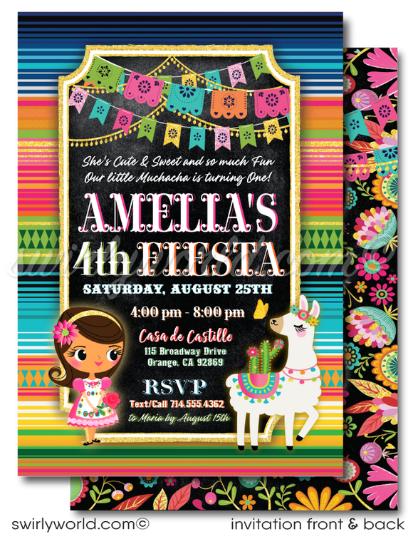  Mexican "Little Muchacha" Fiesta "Papel Picado" Paper Flags Birthday Digital Invite