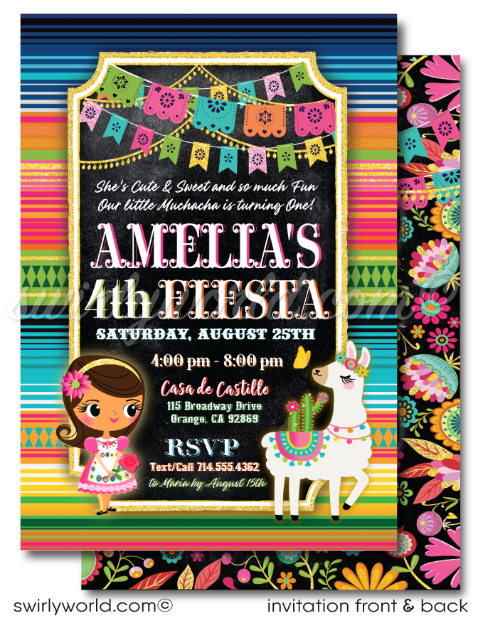 Set the stage for a vibrant celebration with our Papel Picado Paper Flags Fiesta 1st Birthday Invitation, crafted to bring the lively essence of a Mexican Fiesta right into the hearts of your guests. This stylish invitation boasts intricate details and a distinctive motif featuring a "Little Muchacha," designed to captivate and charm everyone on your guest list.