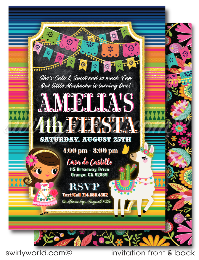 Set the stage for a vibrant celebration with our Papel Picado Paper Flags Fiesta 1st Birthday Invitation! 🎉🌸 Featuring a customizable "Little Muchacha" and adorable Alpaca Llama amidst colorful Mexican flowers. Includes thank you cards and envelopes. Expertly printed and shipped to your door. 