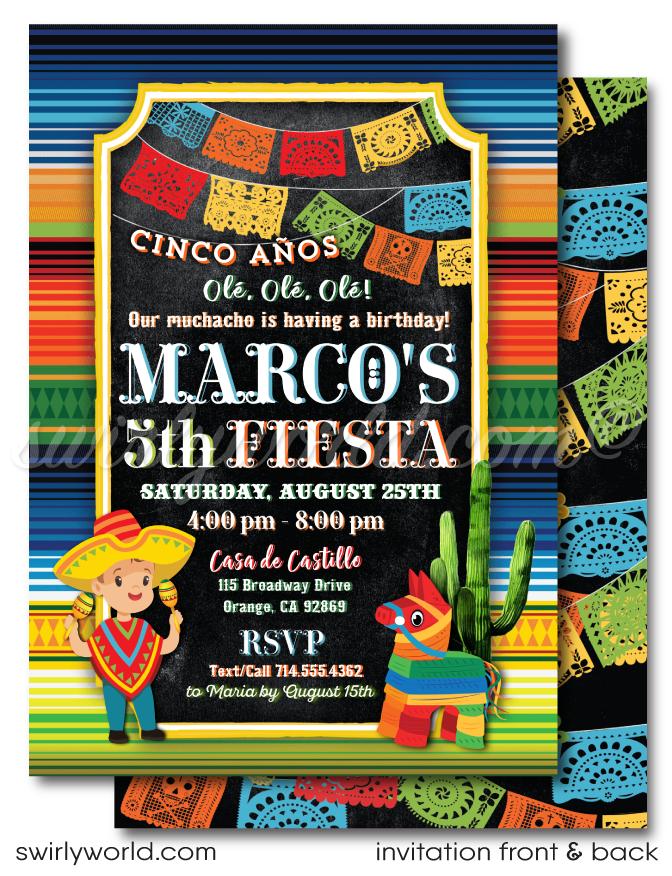 Mexican Fiesta Boy Birthday Day of Dead Paper Flags Cinco de Mayo Invite Digital Download