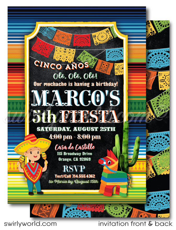 Celebrate with vibrant colors and rich traditions using our Papel Picado Paper Flags Fiesta Boy Birthday Party Invitation Set! 🎉🪅 Featuring Dia de Los Muertos designs, a donkey piñata, and Mexican-style typography. Includes thank you cards and envelopes. Perfect for a birthday or Cinco de Mayo!