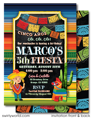 Celebrate with vibrant colors and rich traditions using our Papel Picado Paper Flags Fiesta Boy Birthday Party Invitation Set! 🎉🪅 Featuring Dia de Los Muertos designs, a donkey piñata, and Mexican-style typography. Includes thank you cards and envelopes. Perfect for a birthday or Cinco de Mayo!