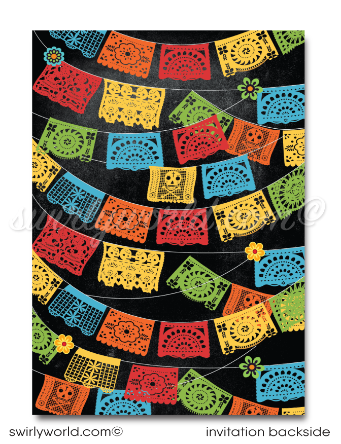 Celebrate with vibrant colors and rich traditions using our Papel Picado Paper Flags Fiesta Boy Birthday Party Invitation Set! 🎉🪅 Featuring Dia de Los Muertos designs, a donkey piñata, and Mexican-style typography. Includes thank you cards and envelopes. Perfect for a birthday or Cinco de Mayo!