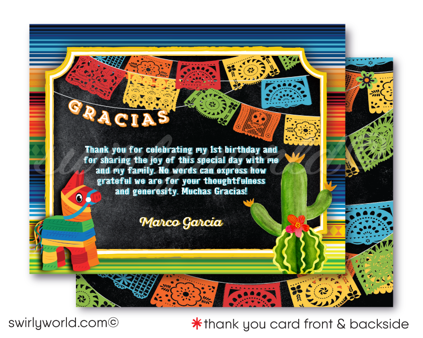 Celebrate with vibrant colors and traditions using our Papel Picado Paper Flags Fiesta Boy Birthday Invitation Digital Download! 🎉🪅 Featuring Dia de Los Muertos-inspired designs, a donkey piñata, and Mexican-style typography. Customize easily for an unforgettable fiesta. Includes thank you cards and envelopes!
