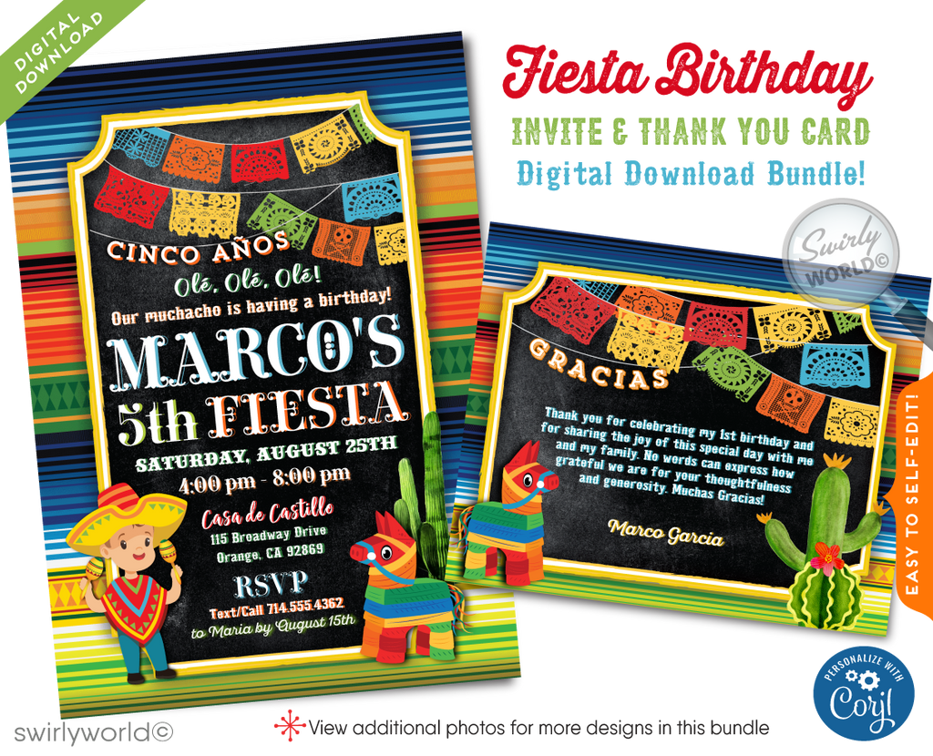 Celebrate with vibrant colors and traditions using our Papel Picado Paper Flags Fiesta Boy Birthday Invitation Digital Download! 🎉🪅 Featuring Dia de Los Muertos-inspired designs, a donkey piñata, and Mexican-style typography. Customize easily for an unforgettable fiesta. Includes thank you cards and envelopes!