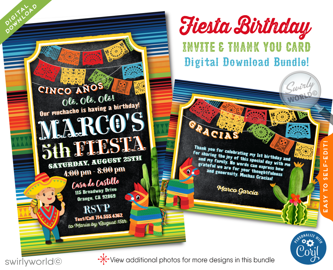 Celebrate with vibrant colors and traditions using our Papel Picado Paper Flags Fiesta Boy Birthday Invitation Digital Download! 🎉🪅 Featuring Dia de Los Muertos-inspired designs, a donkey piñata, and Mexican-style typography. Customize easily for an unforgettable fiesta. Includes thank you cards and envelopes!