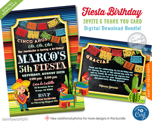 Celebrate with vibrant colors and traditions using our Papel Picado Paper Flags Fiesta Boy Birthday Invitation Digital Download! 🎉🪅 Featuring Dia de Los Muertos-inspired designs, a donkey piñata, and Mexican-style typography. Customize easily for an unforgettable fiesta. Includes thank you cards and envelopes!